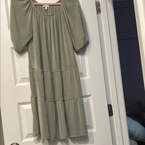 AVLN Knit Green Smocked Tiered Dress with short Puff Sleeves